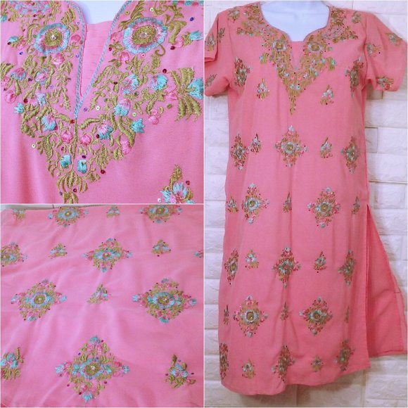 Vintage Kurta Sari Tunic Top sz-42 (M/L) Sheer Embellished Bling Glam Slits Pink - Picture 1 of 10
